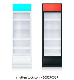 Upright empty fridges template with glass door and shelves on white background isolated vector illustration