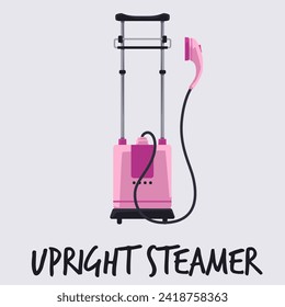 Upright garment steamer icon, vertical ironing equipment. Pink steamer rack for removing wrinkles from clothes with high temperature steam. Vector flat illustration isolated