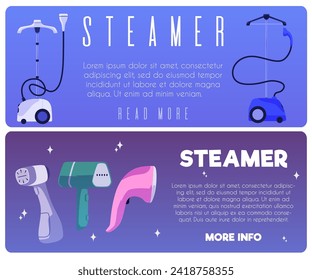 Upright garment steamer, portable home ironing equipment. Steamer rack for removing wrinkles from clothes with high temperature steam. Vector flat landing page template set design