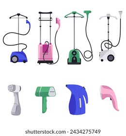 Upright garment steamer, portable home ironing equipment on wheels and handle, various shapes colors. Steamer rack for removing wrinkles from clothes with high temperature steam. Vector set isolated