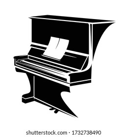 upright  piano with open scores outline - black and white vector design of home musical instrument