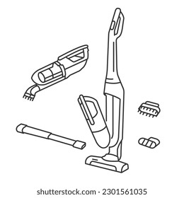 Upright vacuum cleaner line icon vector illustration. Nozzle Set with Suction Brushes