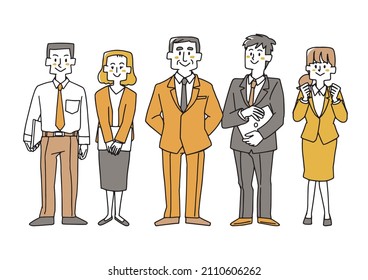 Equipo de trabajo vertical Comical persona manuscrita Dibujo de línea de vectores con color simple Blanco
