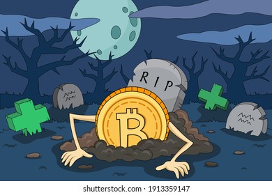 The Uprising And The Growth Of Bitcoin Meme. Illustration For The Unexpected Rise In The Price Of Bitcoin. BTC's Rise From The Dead And The Green Pros Of Income. Cartoon Easy To Edit Vector Meme.