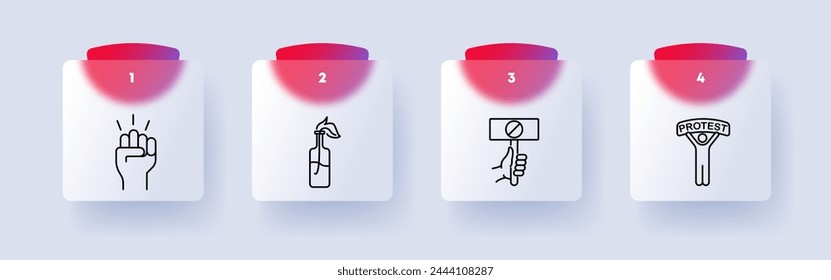 Uprising icon set. Fist, hand, battle, Mootov cocktail, bottle, fire, banner, ban, stop sign, protest, man. silhouette, flat design, numbering. Fight against the regime concept. Glassmorphism style.