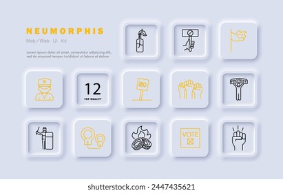 Uprising icon set. Flag, fire, banner, no, ban, handcuffs, police, burning tires, voice, man, silhouette, Molotov cocktail, gradient. The concept of the fight against the regime. Neomorphism style.
