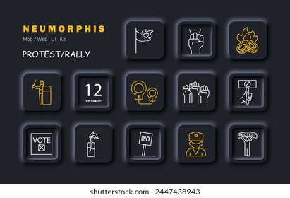 Uprising icon set. Flag, fire, banner, no, ban, handcuffs, police, burning tires, voice, man, silhouette, Molotov cocktail. The concept of the fight against the regime. Vector line icon.