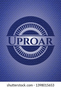 Uproar badge with jean texture. Vector Illustration. Detailed.