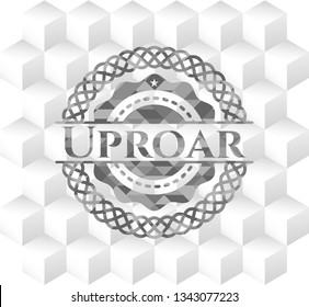 Uproar grey badge with geometric cube white background