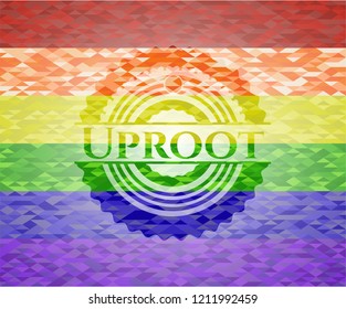 Uproot emblem on mosaic background with the colors of the LGBT flag