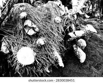 Uprooted bamboo clump root structure washed ashore on sandy beach, high contrast driftwood vector illustration