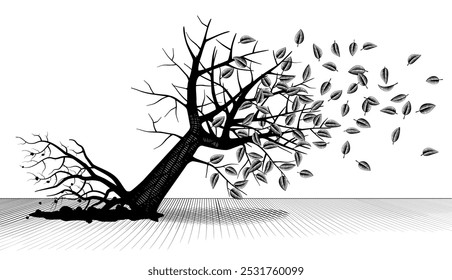 Uprooted and fallen tree with leaves flying away from the wind. Drawing in vintage black and white engraving style. Vector illustration