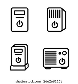 UPS Device outline icon set isolated on white background. Featuring uninterruptible power supply UPS devices tech interfaces, dashboards, and mobile apps focused on power backup and infrastructure.
