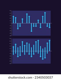 Ups and downs arrows infographic chart design template set for dark theme. Business analytics. Visual data presentation. Editable bar graphs collection. Myriad Pro-Bold, Regular fonts used
