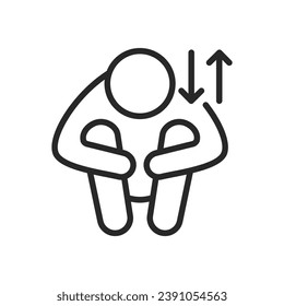 Ups and Downs Icon. Vector Outline Editable Isolated Sign of an Exhausted Person Hugging Knees with Up and Down Arrow Pictogram, Symbolizing the Fluctuating Nature of Life's Challenges and Resilience.