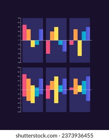 Ups and downs infographic chart design template set for dark theme. Positive and negative results. Visual data presentation. Editable bar graphs collection. Myriad Pro-Bold, Regular fonts used