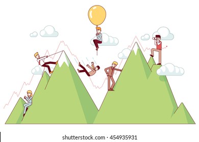 Ups and downs on a entrepreneur path of business concept. Businessman climbing trend mountains and risking capital. Modern flat style thin line vector illustration isolated on white background.