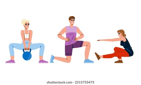 ups fitness exercises leg vector. press calf, raises hamstrings, glutes plyometrics ups fitness exercises leg character. people flat cartoon illustration