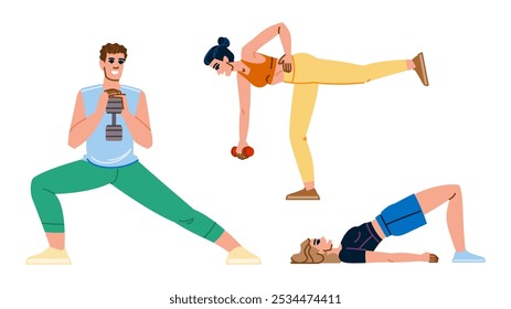 ups fitness exercises leg vector. press raises, hamstrings quads, glutes plyometrics ups fitness exercises leg character. people flat cartoon illustration