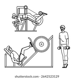 ups fitness exercises leg vector. press calf, hamstrings quads, glutes plyometrics ups fitness exercises leg character. people black line pencil drawing illustration