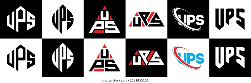 Diseño del logotipo de la letra de UPS en seis estilos. UPS polígono, círculo, triángulo, hexágono, estilo plano y simple con logo de letra de variación de color blanco y negro en una mesa de trabajo. Logotipo minimalista y clásico de UPS