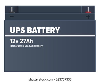 Ups rechargeable lead-acid battery isolated. Automotive industrial charging device vector illustration. Dark blue source of energy for recharge of electronic devices, metal plate in flat design