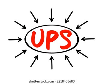 UPS - Uninterruptible Power Supply is an electrical apparatus that provides emergency power to a load when the input power source or mains power fails, acronym text concept with arrows