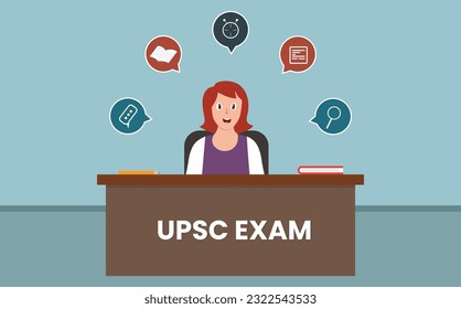 UPSC-Prüfung Bewerber, die auf einem Schreibtisch sitzen und verschiedene Gedanken-Illustrationen haben 