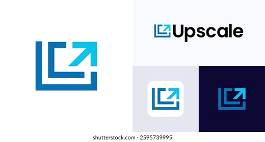 Upscale logo design for AI Image upscale the resolution and size digital image maintaining or enhancing quality, algorithms to add pixels and detail image, Logo arrow with transform square horizontal.