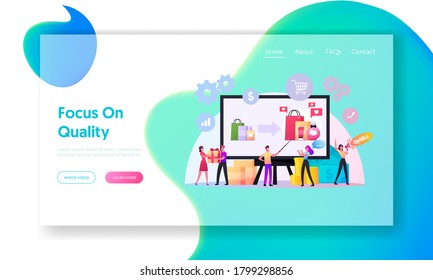 Actualizar plantilla de página de aterrizaje. Pequeños vendedores y compradores personajes en Enorme Pc. Upsell Online Marketing, Técnica de Venta Más Rentable. Regalos y bonos promocionales. Ilustración de vectores de personas de caricatura