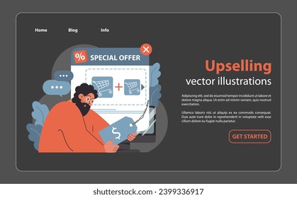 Upselling concept. Engrossed man analyzing a digital special offer, keen to add more items to cart for a better deal. Optimizing sales strategies. Flat vector illustration.