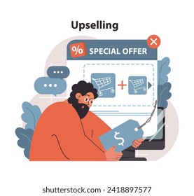 Upselling concept. Engrossed man analyzing a digital special offer, keen to add more items to cart for a better deal. Optimizing sales strategies. Flat vector illustration.