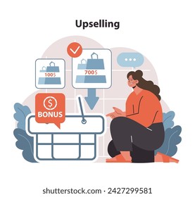 Upselling concept. An illustrative strategy showcasing incentivized higher-value product offerings to enhance customer spend. Flat vector illustration.