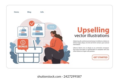 Upselling concept. An illustrative strategy showcasing incentivized higher-value product offerings to enhance customer spend. Flat vector illustration.