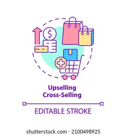 Upselling cross selling concept icon. Customer touchpoint abstract idea thin line illustration. Isolated outline drawing. Editable stroke. Roboto-Medium, Myriad Pro-Bold fonts used