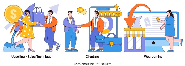 Upselling Sales Technique, Clienting, Webrooming Concepts With People Characters. Marketing And Sales Abstract Vector Illustration Pack.