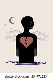 Upset abstract person with broken heart. Relationship breakdown, depression, sadness. Vector illustration, EPS 10