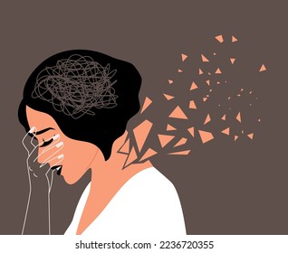 Upset adult woman with confused thoughts holds the head with her hand. The concept of mental illness. The neck is broken into black of support life and mental health problems illustration of confusion