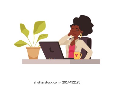Upset african american woman holding her head while reading news in computer, flat cartoon vector illustration isolated on white background. Confused embarrassed person.