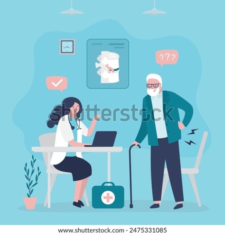 Upset aged man with back pain rheumatologist appointment. Orthopedist with elderly patient. Diagnosis and treatment, health care. Male character with spine pain visit specialist. vector illustration