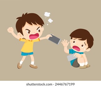 Niño molesto y enojado adicto al teléfono móvil