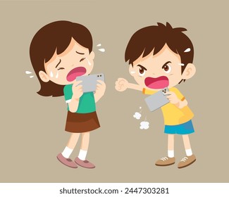 Niño molesto y enojado adicto al teléfono móvil