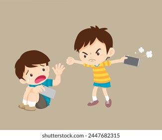 Niño molesto y enojado adicto al teléfono móvil