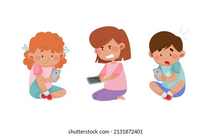 Upset and angry kids using mobile phones. Internet and smartphone addiction, cyberbullying cartoon vector illustration