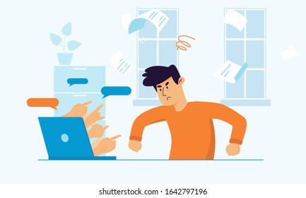 Upset angry man sitting at the desk struggling because of cyberbullying. Hands pointing out of laptop screen on social media shaming victim. Stop victim blaming online. Sad guy reading haters comments