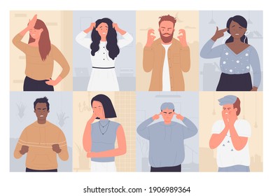 Upset annoyed people vector illustration set. Cartoon sad unhappy disappointed adult characters in bad failure situation, with face palm gesture, touch head in headache, disappointment or shame