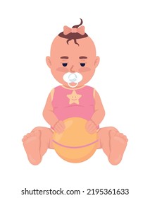 Upset baby girl with ball semi flat color vector character. Editable figure. Full body person on white. Tired child simple cartoon style illustration for web graphic design and animation