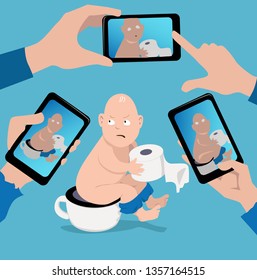 Upset baby sitting on a potty, multiple smartphones sharing his photo on-line, EPS 8 vector illustration svg