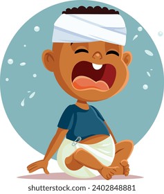 
Upset Baby Suffering a Head Injury Crying Vector Cartoon Character. Sad child feeling hurt and in pain after careless accident 
