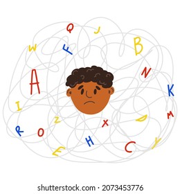 Upset black child with invisible disease dyslexia. Concept of dyslexic boy in the chaos of letters in cartoon style